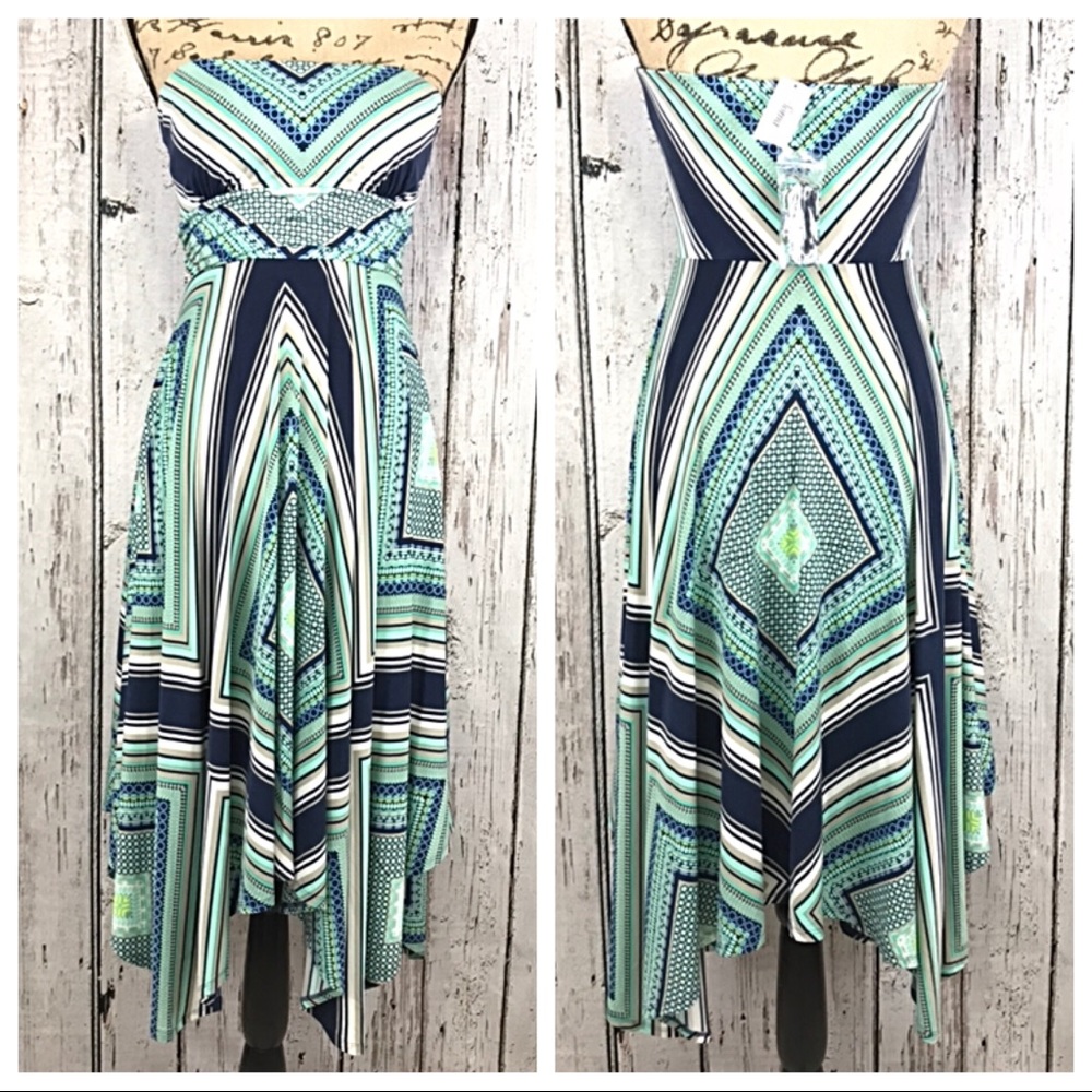 Soma Strapless Geometric Maxi Dress in Navy, Mint, White